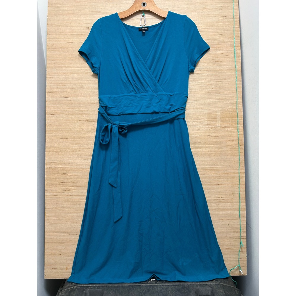 Talbots Womens Teal Blue Faux Wrap Dress Short Sleeve V-Neck Jersey Knit Size M